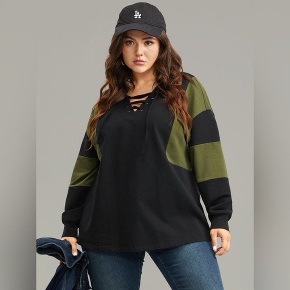 BloomChic Black and Olive Green Lace-Up Colorblock Hoodie